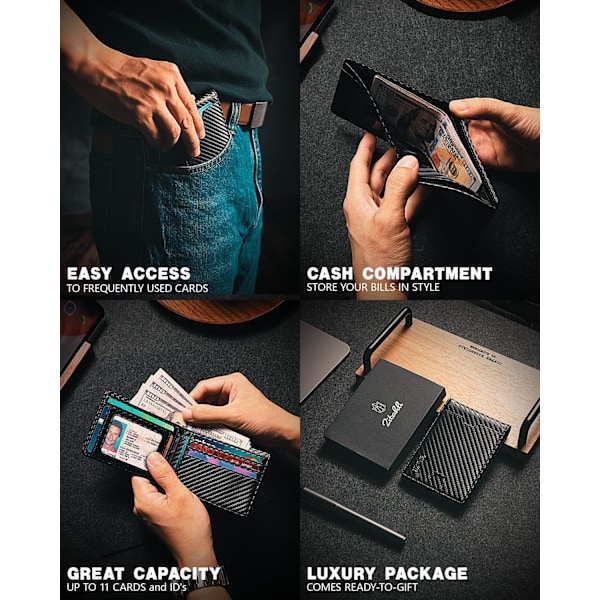 Herrplånbok - Slim Läder RFID-blockerande Plånbok för Män Minimalistisk Bifold Kreditkortshållare med Presentförpackning Carbon Black New