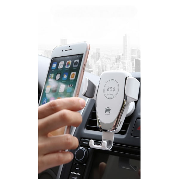 Trådløs biloplader, mobiltelefonoplader, mobiltelefonholder, trådløs oplader hvid