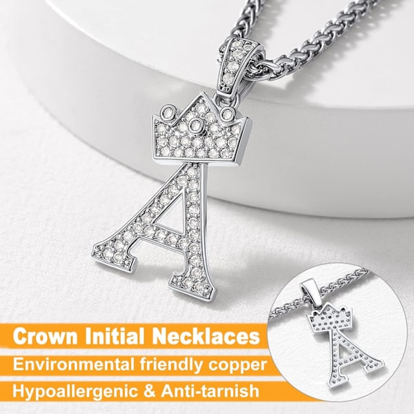 Krone Initial A-Z Halskjede, Iced Out Bokstavanheng med 22-24 Tommers Kjede, Menn Kvinner Bling Hip Hop Alfabet Navn Smykker Gave Store Initialer Halskjeder A Silver