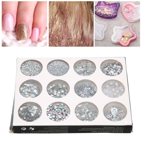 12 Gitter Glitter Sequin Set Håndlavet DIY Neglekunst Glitter Sequin Dekaler Sæt 3D Neglekunst Dekorationer Silver