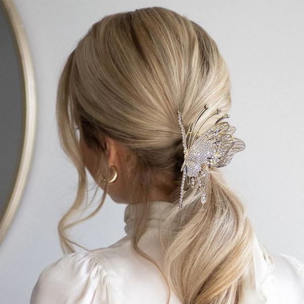 Sommerfugl hårklemme for kvinner, 2 stk. Rhinestone stor sklisikker sterk metall hårklemme D