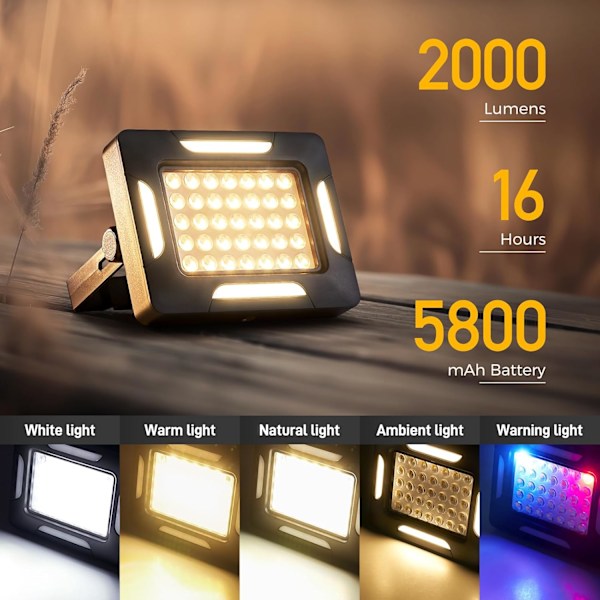 2000LM Himmennettävät LED-aurinkoleirivalot - Magneettinen IP67 Vedenpitävä 5 tilaa ja jalusta sisä- ja ulkokäyttöön Black