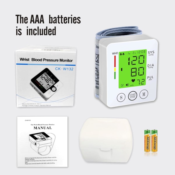 Håndledsblodtryksmonitor, håndledsmanchetmonitor automatisk armbånd digital justerbar hjemme-BP med stort LCD-display blodtryksapparat, butikker White