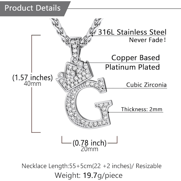 Krone Initial A-Z Halskjede, Iced Out Bokstavanheng med 22-24 Tommers Kjede, Menn Kvinner Bling Hip Hop Alfabet Navn Smykker Gave Store Initialer Halskjeder G Silver