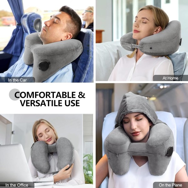 Nackkudde för resor Uppblåsbar flygplansdyna Stöder bekvämt huvud, nacke och haka, uppblåsbar resedyna med mjuk velouröverdrag, hatt, bärbar Comfort Grey with Hat