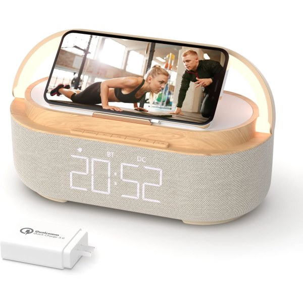 Bluetooth-høyttalervekkerklokke med trådløs lader, LED-nattlys, 2500mAh batteri - for soverom, hjem