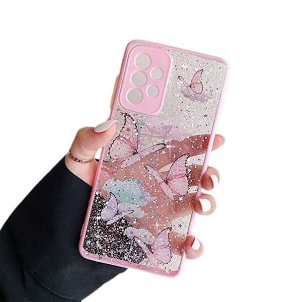 TPU-takakuori Samsung Galaxy A52 ja A52s 5G -puhelimille, läpinäkyvä glitter-nestesilikonikuori perhoskuviolla, naarmuuntumaton ja iskunkestävä