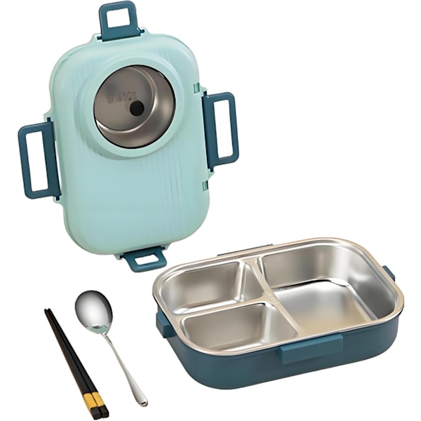 304 Rustfrit Stål Bento Madkasse Sæt - Lækagesikker, Bærbar Madbeholder til Voksne med Spisepinde, Ske & Suppeskål - Ideel Gave Blue
