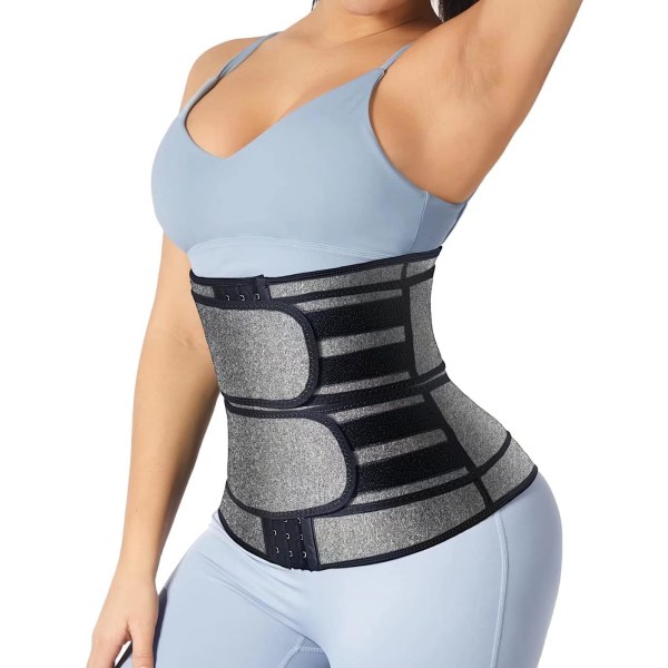 Neopren Taljetræner til Kvinder Slankning Body Shaper Talje Trimmer Cincher Svedbælte Gray Double Belt With Hook S