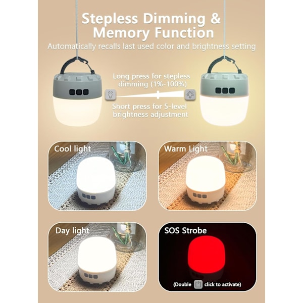 8000mAh Uppladdningsbar LED Campinglykta - 4 Lägen Dimbar Vattentät 16H Drifttid & Minnesfunktion för Nödsituationer Off-White