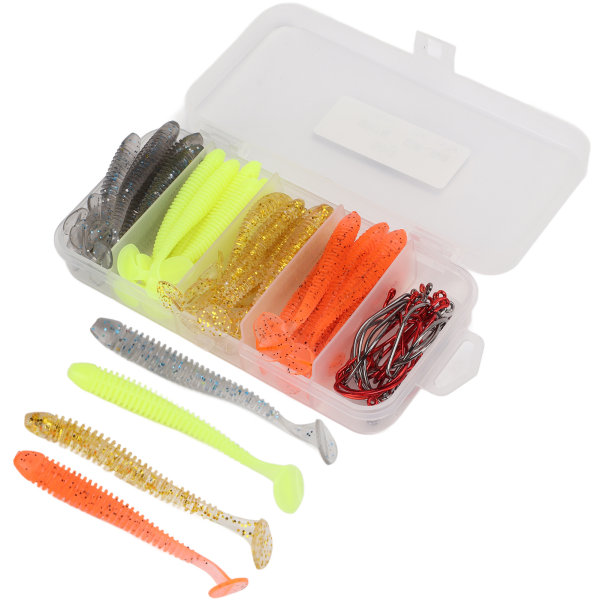 60pcs/box Soft Bait Fishing Lures Kit with Stainless Steel Crank Hooks Artificial T Tail PVC Soft Lure Baits for Bass Fishing5cm