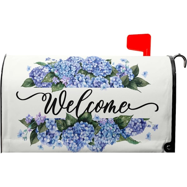 Magnetisk postkassedeksel for vårgården - 21x18 tommer, Hydrangea Blomst Velkommen Design for utendørs hjemmeinnredning Welcome-blue Hydrangea