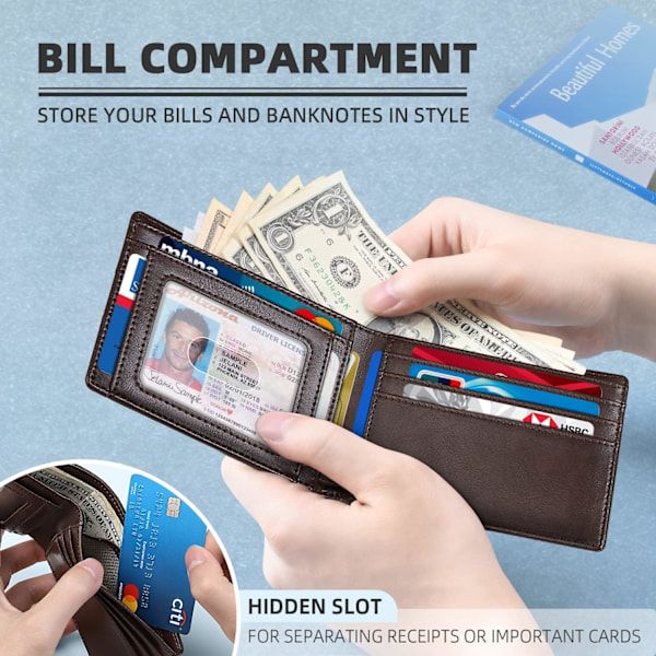 Herrplånbok - Slim - Läder - RFID-blockerande plånbok för män Minimalistisk Bifold Kreditkortshållare med presentask Chocolate