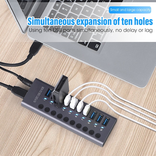 10-porters 60W USB 3.0-hub med individuelle strømbrytere LED-er i aluminiumlegering USB 3.0-dokkingstasjon 60W 12V 5A strømadapter 100-240V EU-plugg
