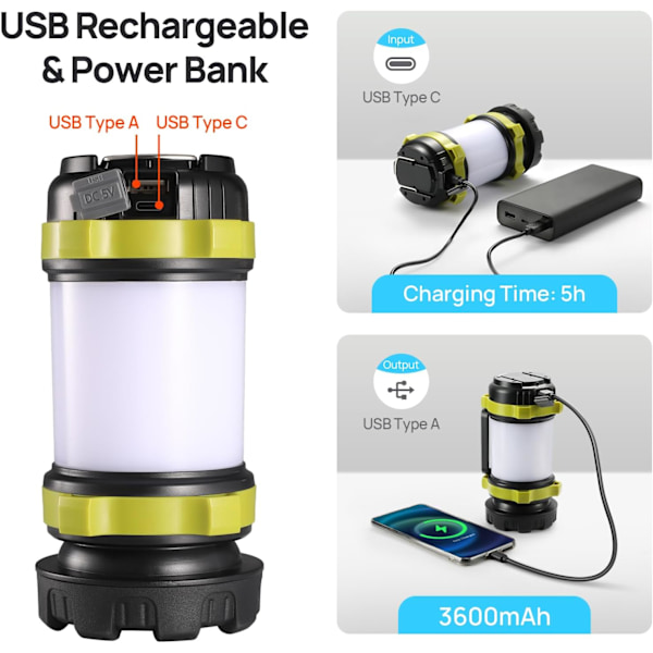 Consciot Ladattava LED-retkilyhty taskulamppu (1 kpl) - 6 tilaa 3600 mAh varavirtalähde IPX4 vedenpitävä USB - C hätätilanteisiin ja Light Green