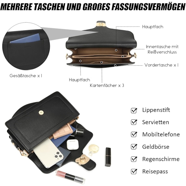 Små Crossbody-väskor för Kvinnor - Crossbody-väska i Läder Trendig Crossbody-handväska Svart Axelväska Elegant Satchel Handväskor Designer black