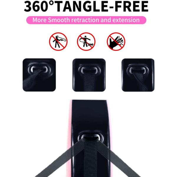 Indtrækkelig hundeline, 16 fod [stærk nylonrem] 360° Tangle-Free til små og mellemstore hunde op til 30 pund, enhåndsbremse, pause, lås, med gavepakke Pink