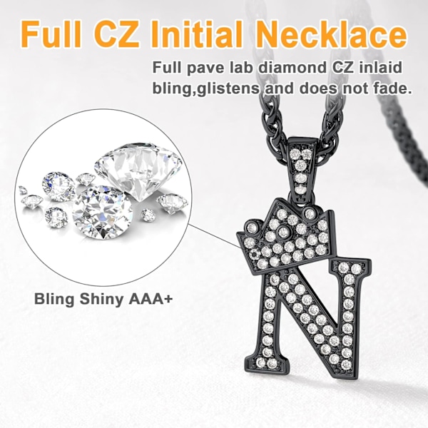 Krone Initial A-Z Halskjede, Iced Out Bokstavanheng med 22-24 Tommers Kjede, Menn Kvinner Bling Hip Hop Alfabet Navn Smykker Gave Store Initialer Halskjeder N Black