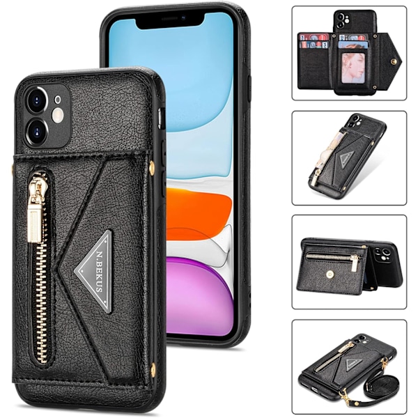 Plånboksfodral Crossbody för iPhone 12 med Snodd, Kreditkortshållare, PU Läder Skyddande Handväska Dragkedja Plånbok Ställ