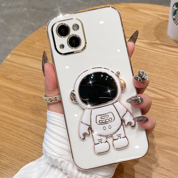 6D galvanoitu astronautti piilotettu jalustakotelo iPhonelle Naisastronautti taittuva jalusta iPhone-kotelo kamerasuojalla Pehmeä TPU iskunkestävä puskuri White iPhone 8 plus