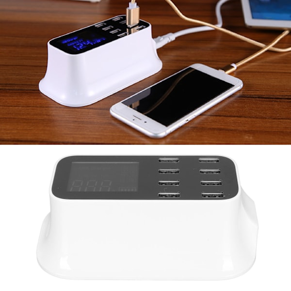 8-porters USB-ladestasjon Hurtiglading Port USB-ladestasjon med LED-skjerm for flere enheter Smarttelefoner Nettbrett 100-240V EU-plugg