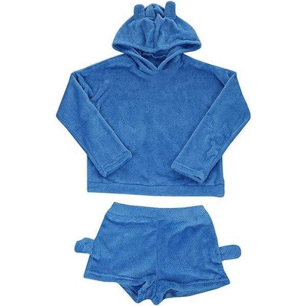Söt fleecepyjamaskostym för damer med huva sovkläder Meow Shorts Set (mörkblå, XL)