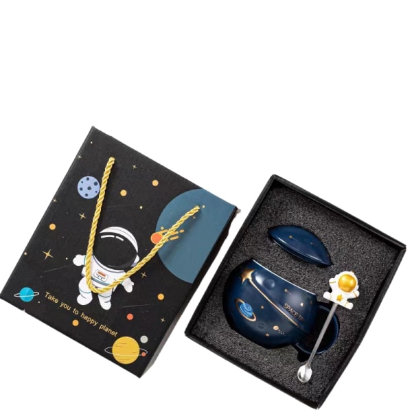 400 ml Astronaut Rymd Planet Mugg med lock och sked för kaffe, mjölk, present födelsedag för flicka pojke kvinnor, djupblå (1)