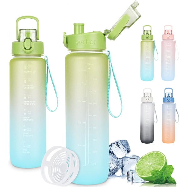 Vattenflaska 1L, Dryckesflaska läckagesäker, vattenflaska med tidsmarkeringar och filter - grön gradient