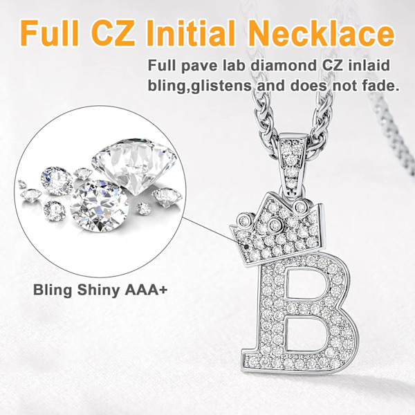 Krone Initial A-Z Halskjede, Iced Out Bokstavanheng med 22-24 Tommers Kjede, Menn Kvinner Bling Hip Hop Alfabet Navn Smykker Gave Store Initialer Halskjeder O Silver
