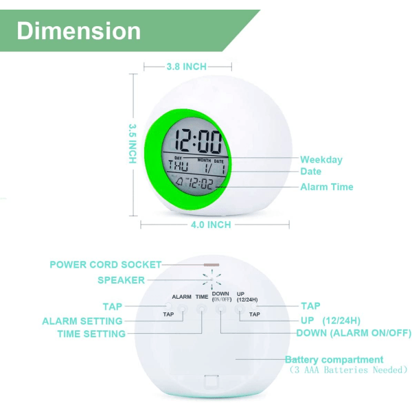 Børns digitale vækkeur, med 7 farvet natlys, lille, til drenge og piger, til at vågne op i soveværelset, sengekanten, batteridrevet, strømdrevet Newgreen