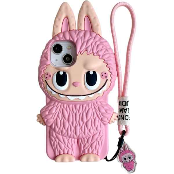 Labubu Sött Tecknat iPhone 16pro max Skal Dragsko Telefonskal Passar Alla Modeller TPU Silikagel Reptåligt Stöttåligt pink