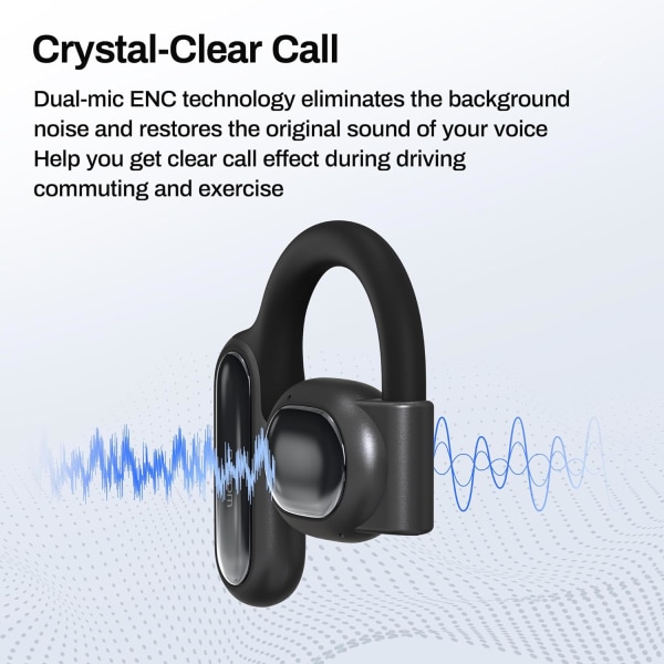 Åpne øre-hodetelefoner Bluetooth 5.3, True Wireless Open Ear Earbuds ENC Clear Talk med 16,2 mm dynamiske drivere 45 timer spilletid Trådløse ørepropper Langvarig Black