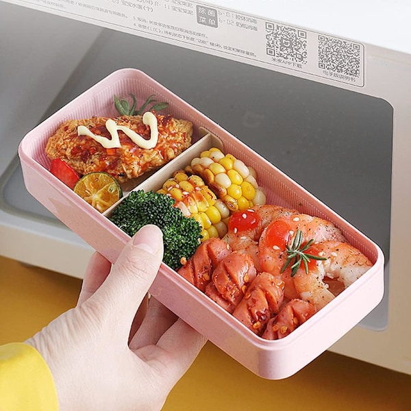 3-roms stablebar Bento Matboks - Hvetestrå, Lekkasjesikker, 900ml - BPA-fri, Mikrobølgeovn- og Oppvaskmaskinsikker for Matlaging pink