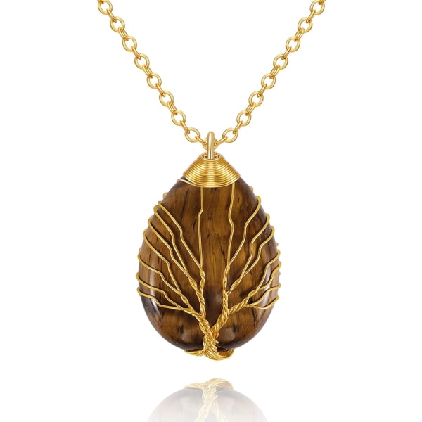 Helbredende krystalhalskæde Livets træ Wire Wrapped natursten spids vedhæng halskæde sekskantet Reiki spirituel kvarts ædelstens smykker til kvinder M Teardrop Tigerite