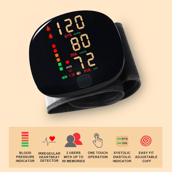 Laddningsbar handledsblodtrycksmätare med röstsändning, dubbelanvändare BP-monitor med USB-C-laddningskabel och 2x99 minnen (svart)