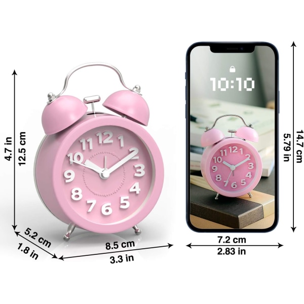 Hög ljudande väckarklocka för sovrum med tunga sovare, analog väckarklocka, liten väckarklocka, retrodesign för barn, batteridrift, 3 tum, rosa pink