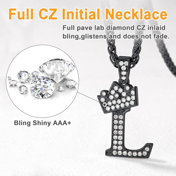 Krone Initial A-Z Halskjede, Iced Out Bokstavanheng med 22-24 Tommers Kjede, Menn Kvinner Bling Hip Hop Alfabet Navn Smykker Gave Store Initialer Halskjeder L Black