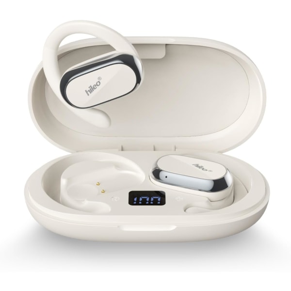 Åpne øre-hodetelefoner og ørepropper, åpen øre-design, langvarig batteri (48 timer), LED-skjerm, Bluetooth 5.3, Hi-Fidelity-lyd, ørekroker, svettebestandig Cloudy white