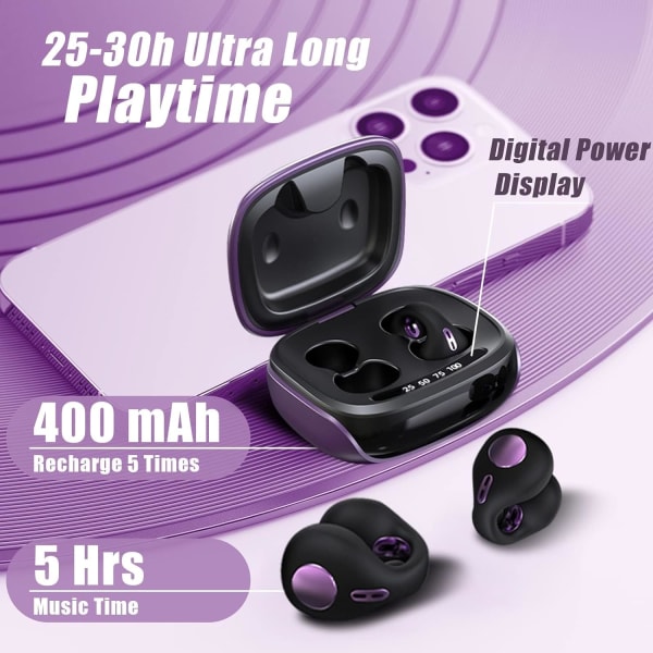 Trådlösa öronklämmor Buds Clip On Earbuds Öppna hörlurar Bluetooth Benledning Hörlurar Hörlurar Hörlurar Hörlurar Purple