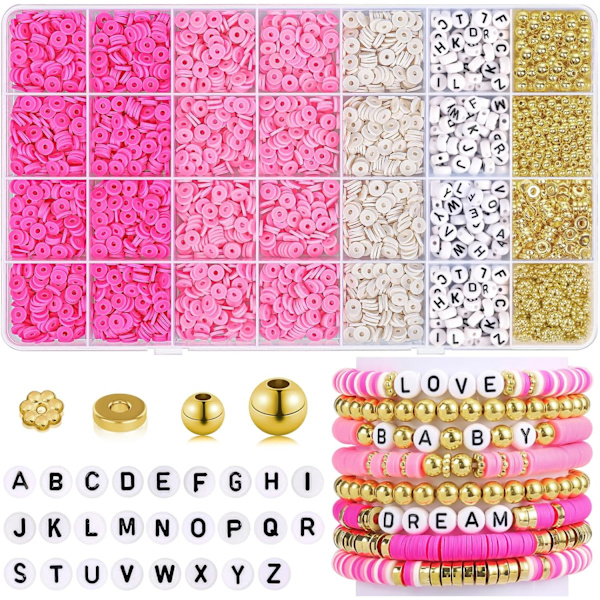 5000 st Polymerlera Pärlor Armband Tillverkning Kit Vänskap Armband Pärlor Kit Heishi Pärlor Polymer Flat Runda Lera Pärlor för Armband Smycken Tillverkning med Bokstäver Pink Bracelet Making Kit