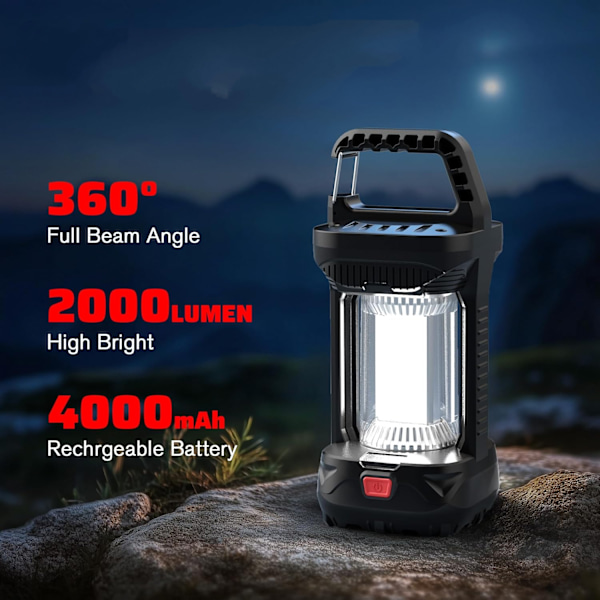 2000LM Ladattavat LED-retkeilylyhdyt - 3 tilaa, vedenpitävät ja kannettavat hätätilanteisiin Midnight Black