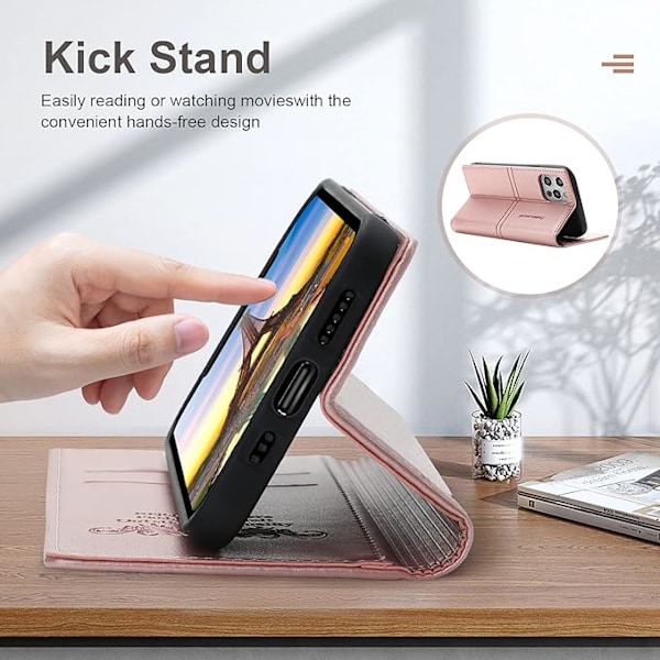 Etui til iPhone 13 Pro Max med kortholder, pink PU læder etui, flip wallet til Apple iPhone 6,7 tommer