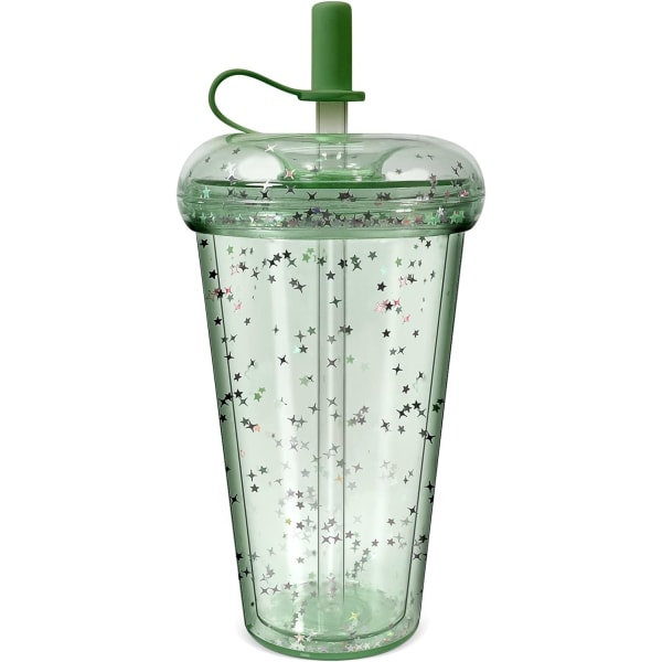 Halmkopp med lock - 420 ml dubbelväggig plastglas Travel Iced Coffee Mug Klar kall- och varmvattenkopp - grön