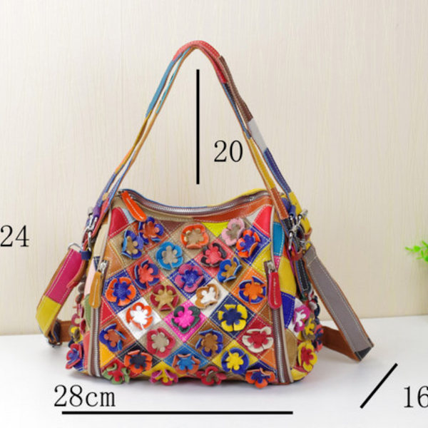 Äkta läder enkel axelväska färgglad damväska handgjord färgkollision handväska crossbody