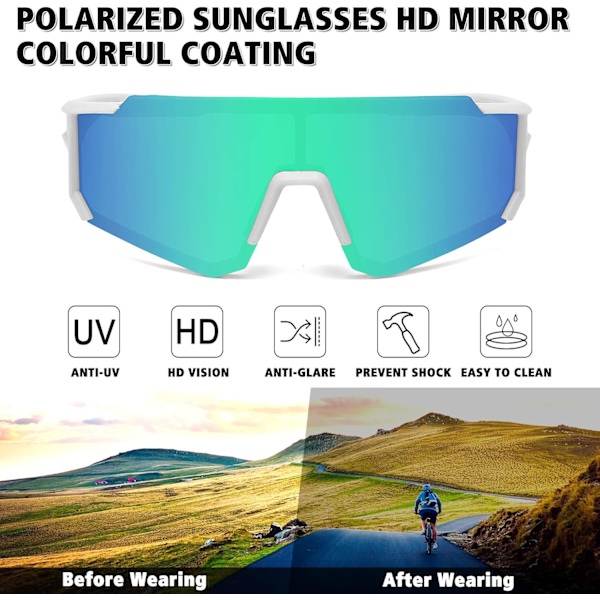 Polarisoidut urheiluaurinkolasit miehille ja naisille, ajamiseen, kalastukseen, pyöräilyyn, maastopyöräilyyn, UV400-suoja White Frame green