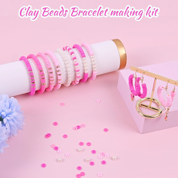 3500 PCS Rosa Lera Pärlor Kit för Armband Tillverkning, Polymer Heishi Pärlor för Smyckestillverkning, Vänskapsarmband Kit för Flickor Vuxna, Distanspärla Be Pink