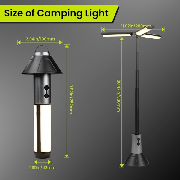 3000mAh Oppladbar Teleskopisk Campinglykt - 2 Dimbar & 3 Lommelyktmoduser, IPX4 Vanntett for Utendørsbruk & Nødsituasjoner Black