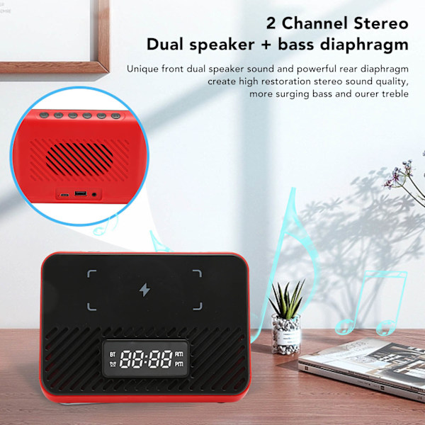Langaton latausasema 15W 3 in 1 Langaton puhelimen laturi Bluetooth-kaiuttimella Digitaalinen herätyskello Red