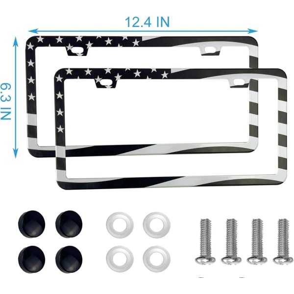 2PCS Premium American Flag License Plate Frame, Black License Plate Frames, 2 Holes Solid Stainless Steel License Plate Holder, Universal Car License