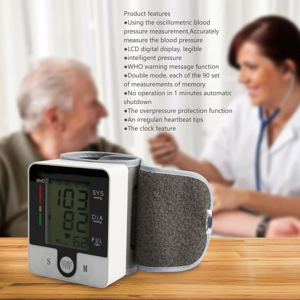 Håndledsblodtryksmonitor, Blodtryksapparat, Automatisk tale, Stort LCD-display, Digital hjerterytmemåler, Stemmealarm Hjem BP-manchet M